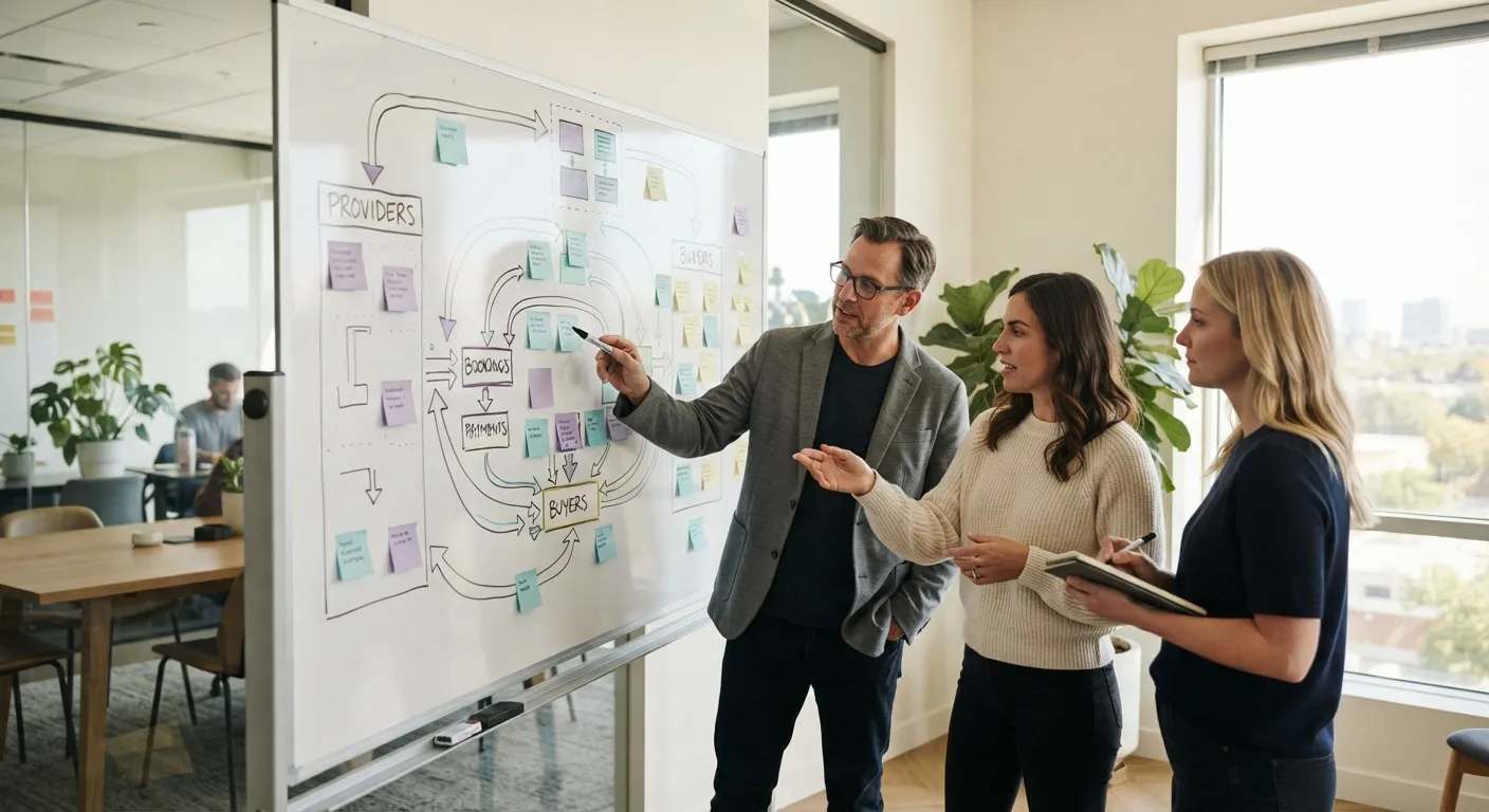 Three colleagues at a whiteboard mapping providers, bookings, payments and buyers with arrows and sticky notes.