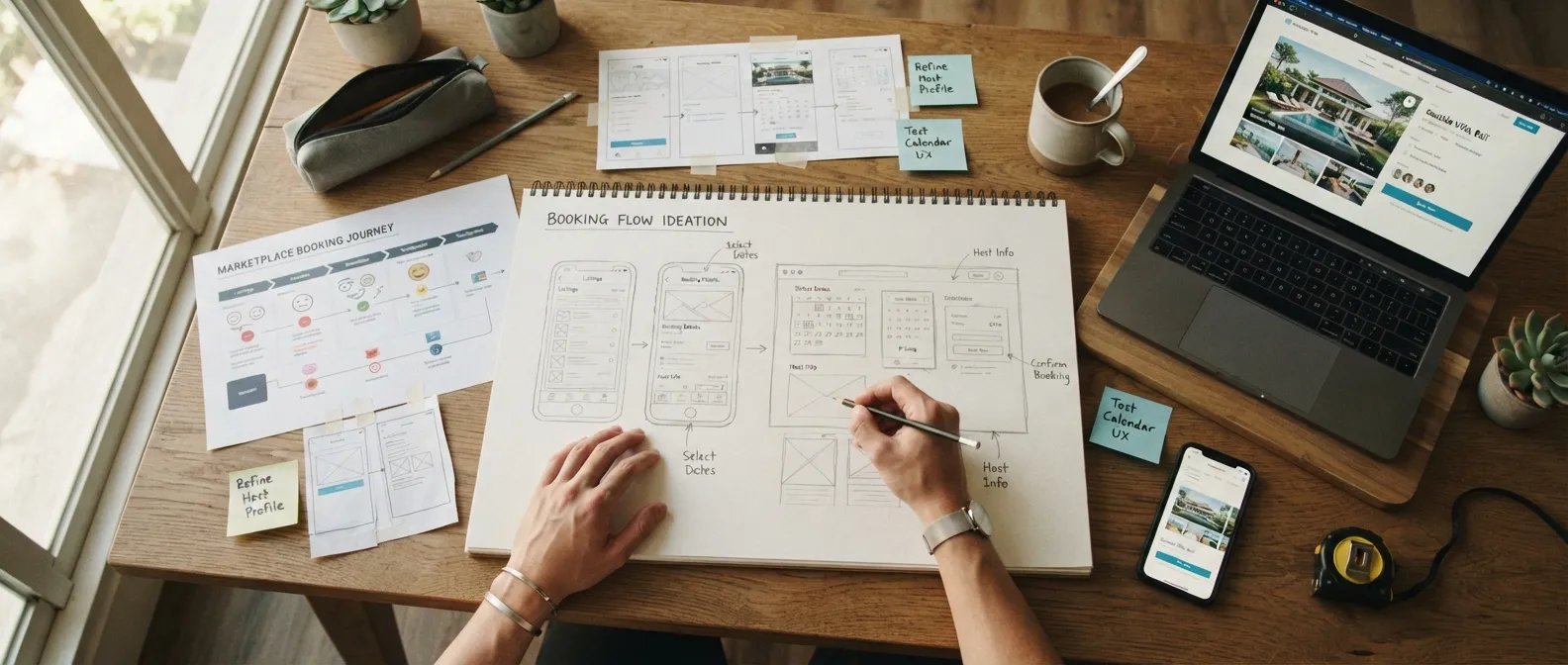 Overhead view of a desk with a hand sketching a booking flow, a printed booking journey map, sticky notes, a laptop and a phone showing a rental listing.