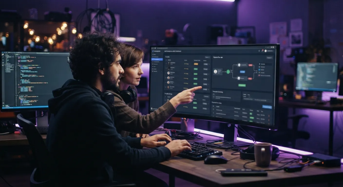 Two developers at a curved monitor in a dim studio, one pointing at a marketplace admin dashboard with listings and a transaction flow diagram.