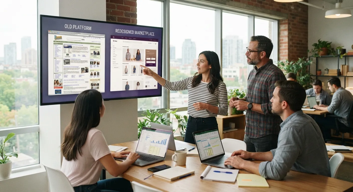 A team in a bright office reviewing a wall screen that shows an old platform beside a redesigned marketplace, one woman pointing at the new design while colleagues work on laptops.
