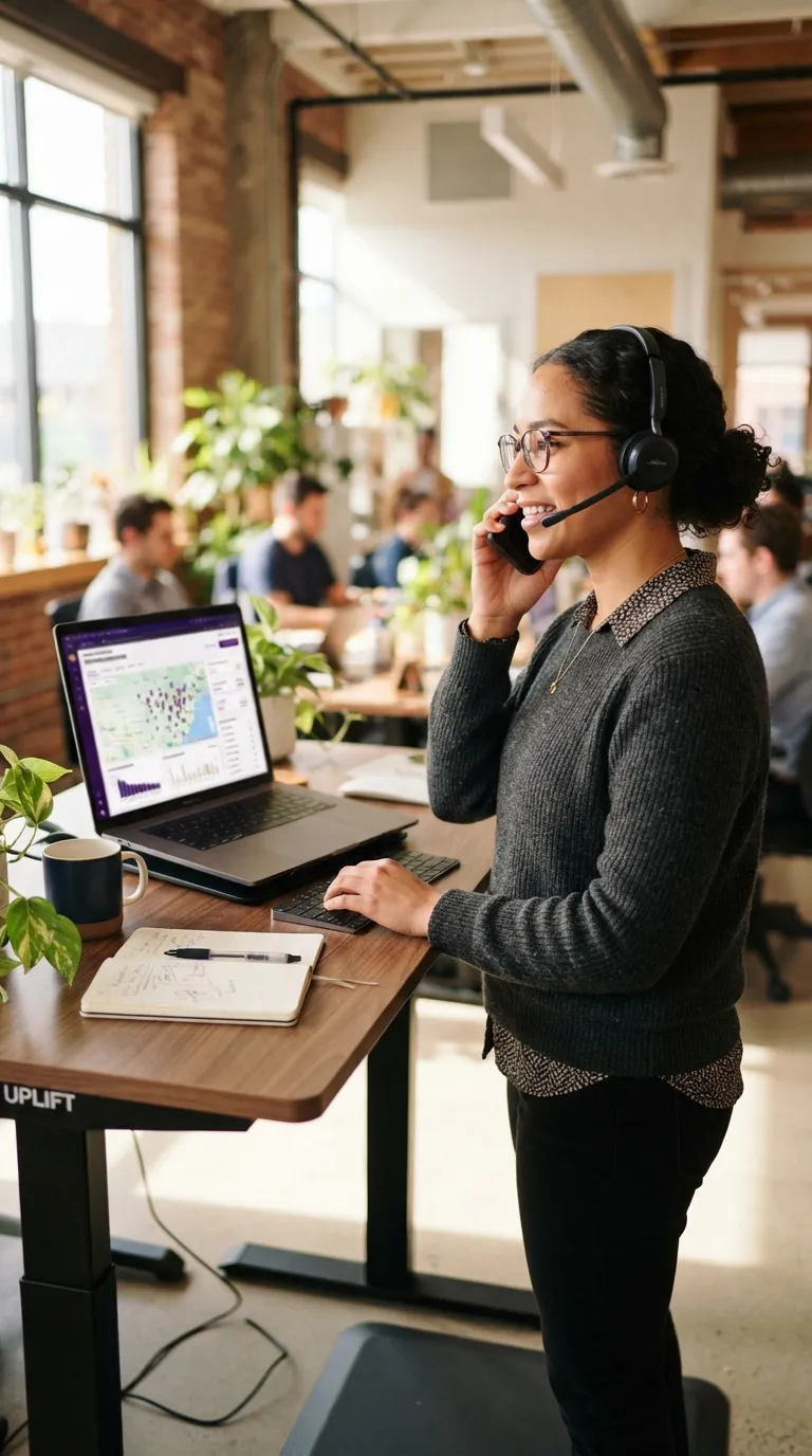A woman wearing a headset takes a call at a standing desk, her laptop showing a map dotted with provider locations, in a busy open-plan office.