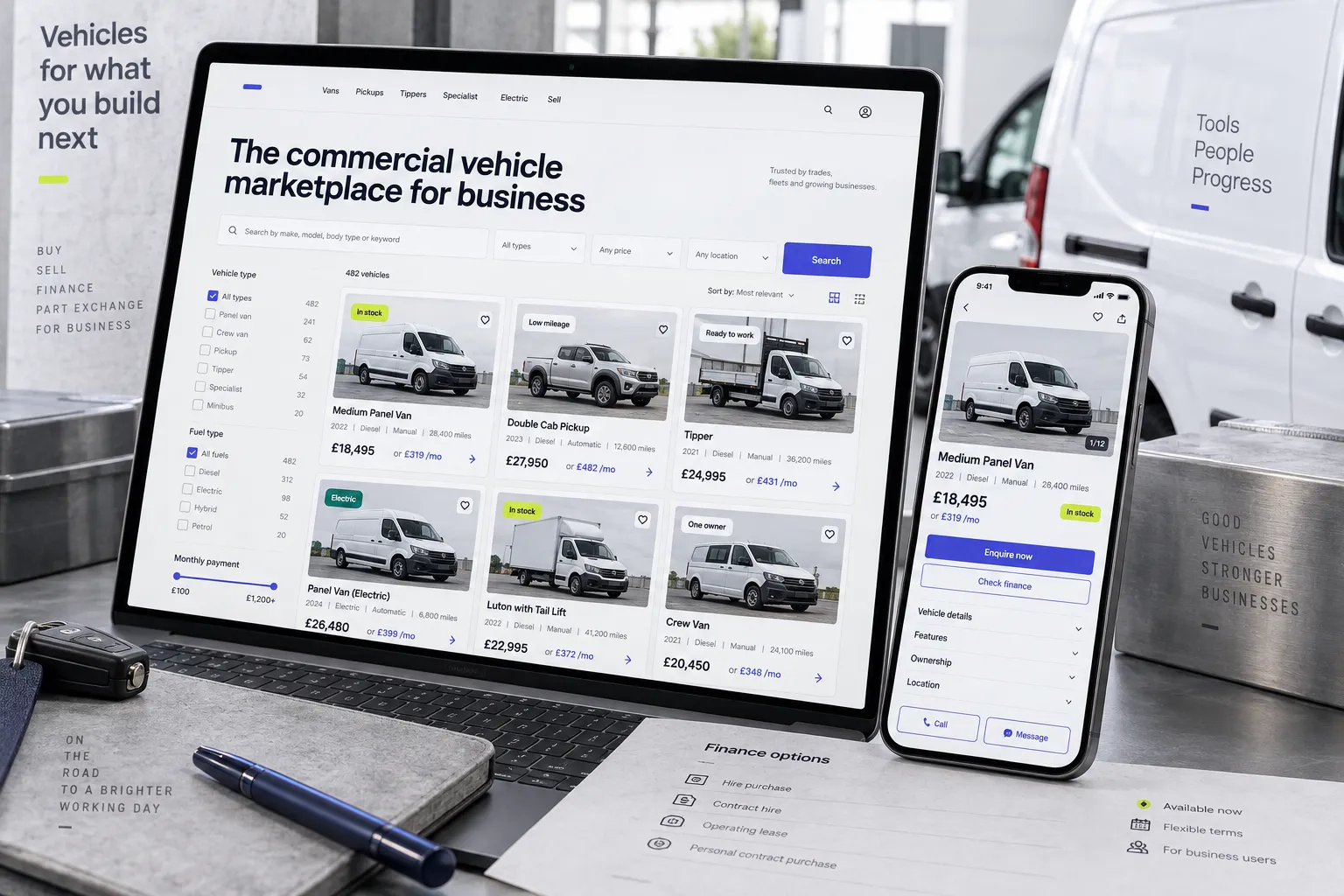 WorkVans vehicle listing search on a laptop and vehicle detail on a phone