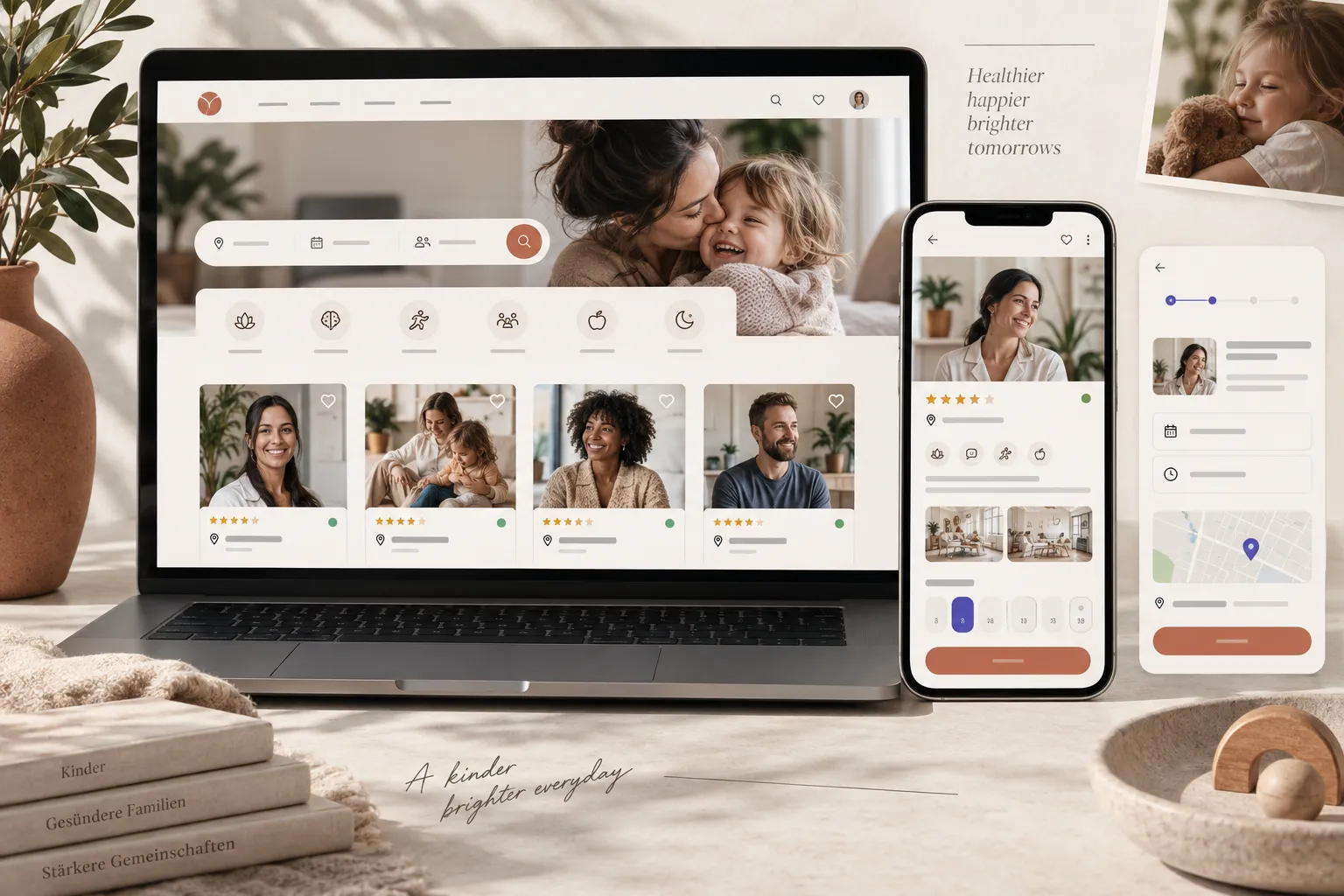 Kinurture provider profiles and booking shown on a laptop and phone