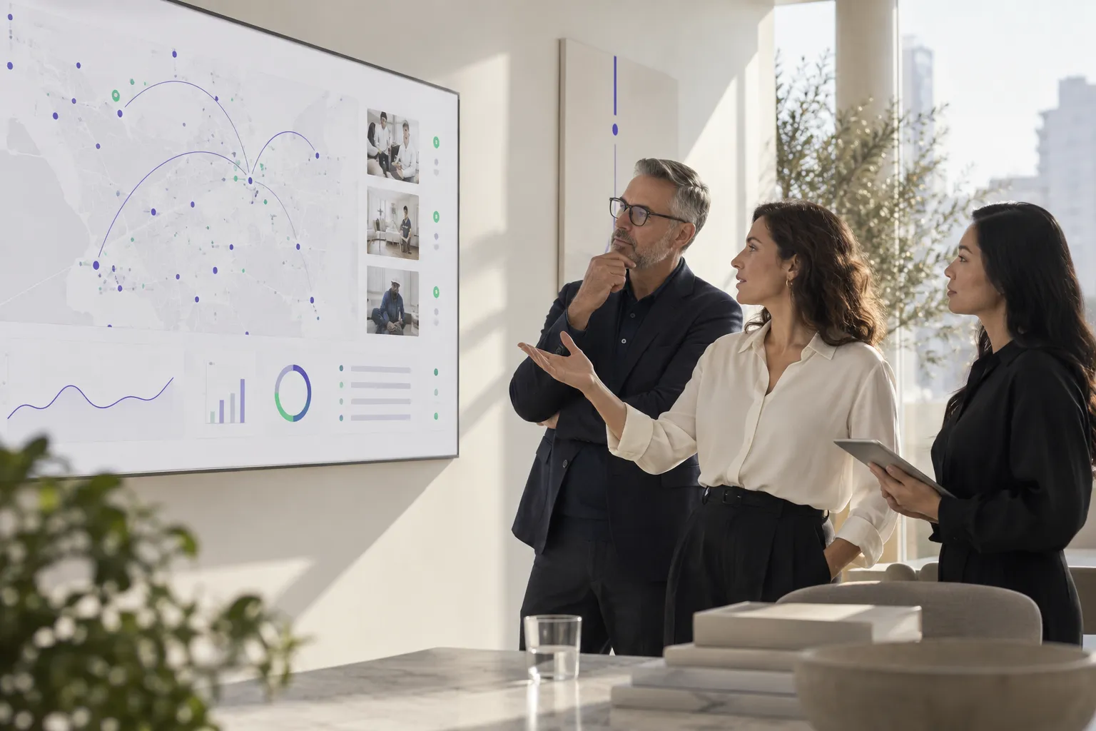 A team reviewing a sponsorship network map on a wall display