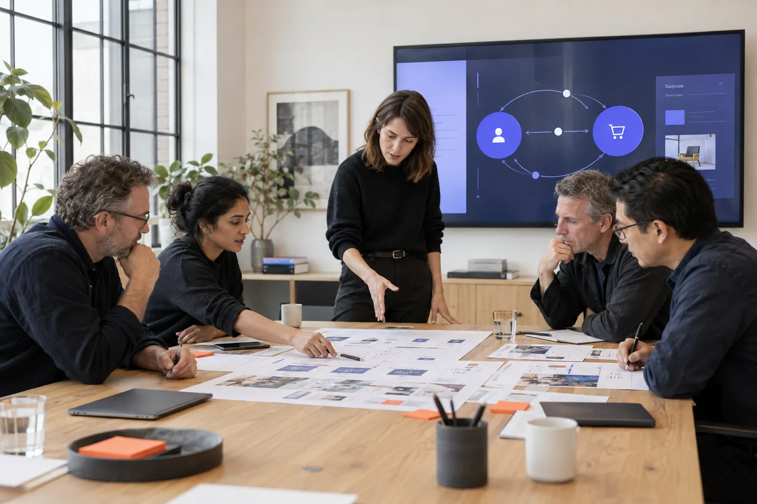 A marketplace team planning booking flows around a workshop table